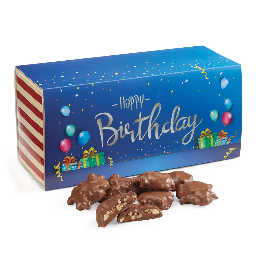 Baby turtles in our Savannah’s Candy Kitchen Signature Striped Box with a Birthday Themed Wrapper and your choice of 24 or 48 pieces. 