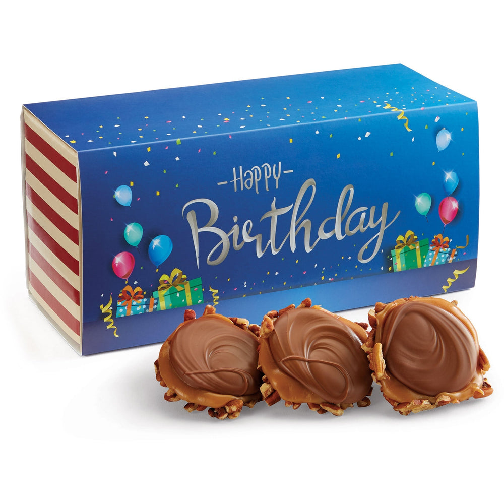 These tasty Southern treats are lovingly presented in our Savannah’s Candy Kitchen Signature Striped Box with a Birthday Themed Wrapper and your choice of 12 or 24 pieces.
