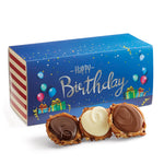Georgia pecan halves, southern-style caramel, and creamy milk chocolate all delivered in a birthday themed box.