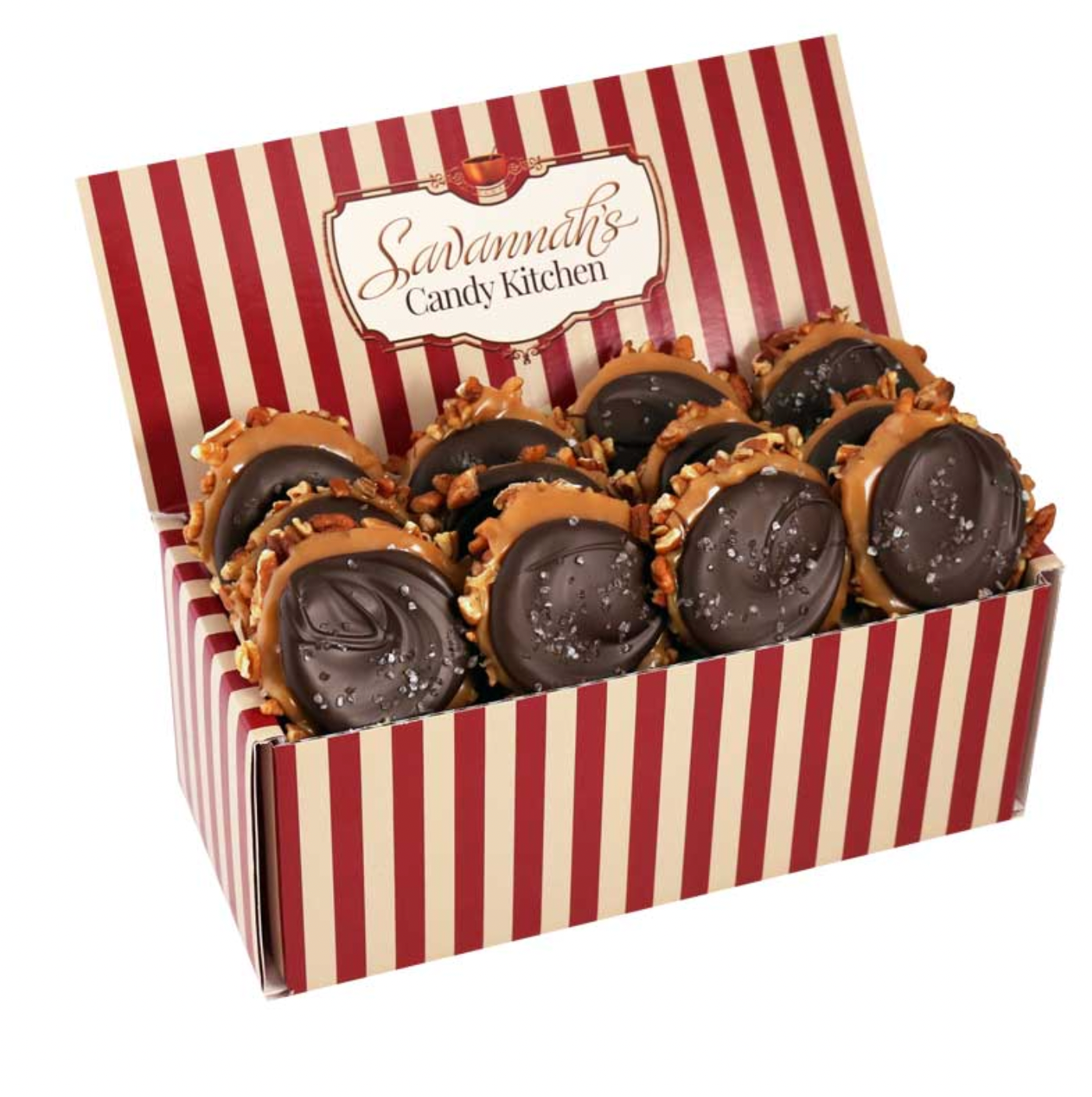 12 Dark Chocolate and Sea Salt Turtles in our Signature Striped Box